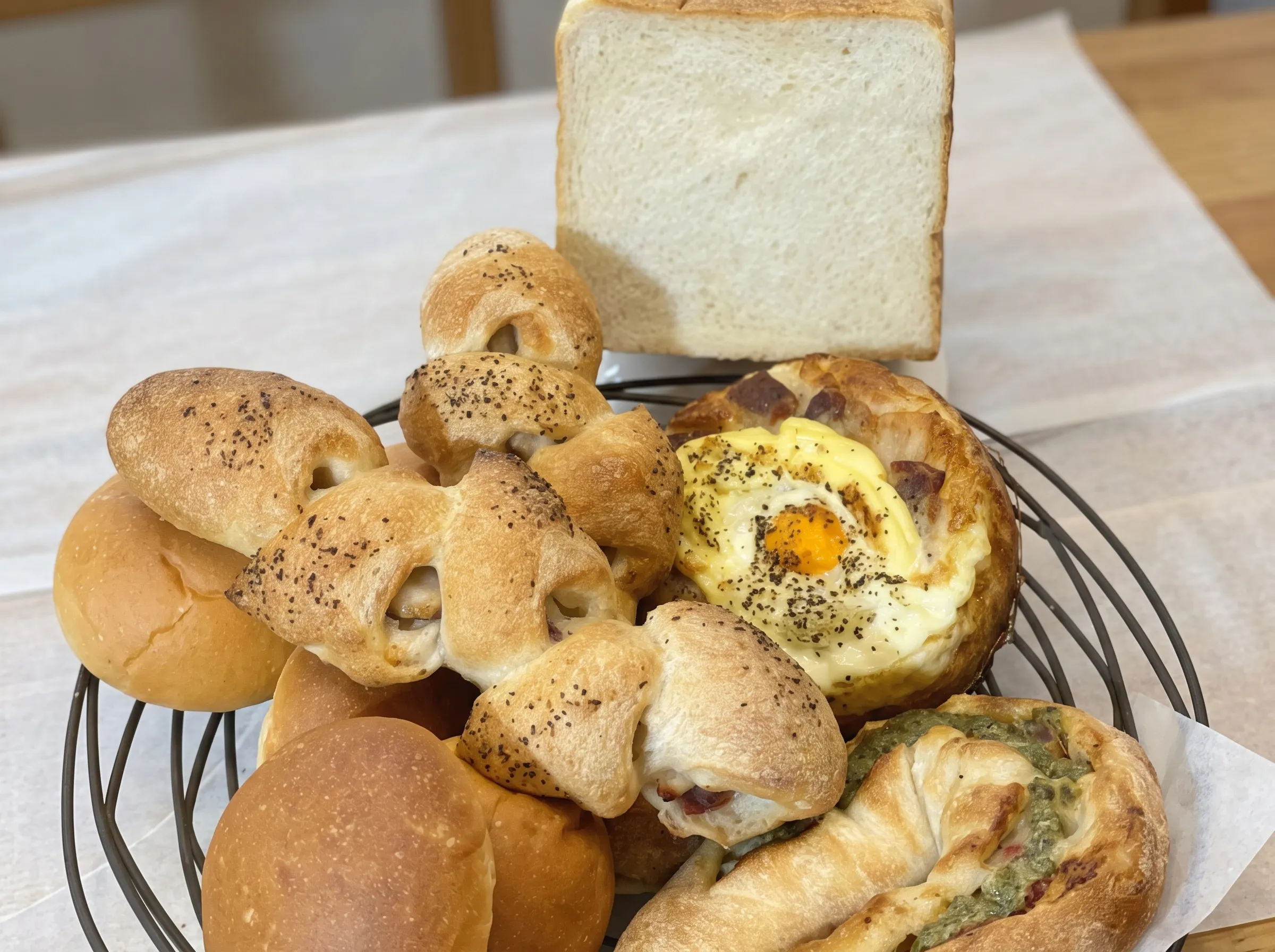 かごに盛った、ぞうのぱんやのパン